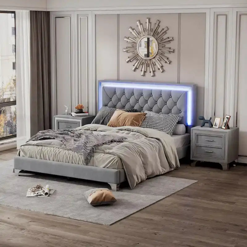 3-Pieces Bedroom Sets with Queen Size Upholstered Platform Bed and Two Nightstands