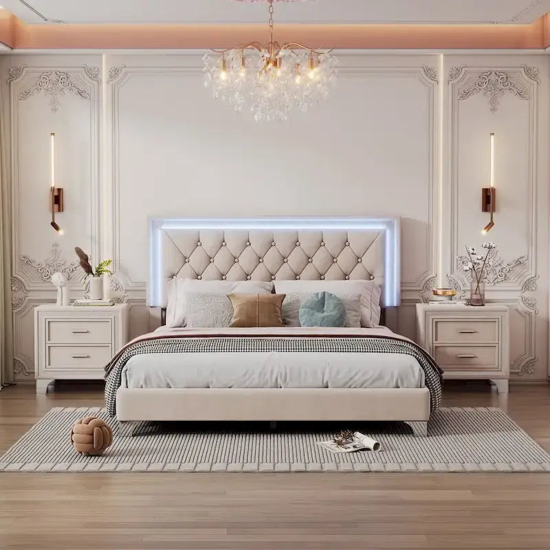 3-Pieces Bedroom Sets with Queen Size Upholstered Platform Bed and Two Nightstands
