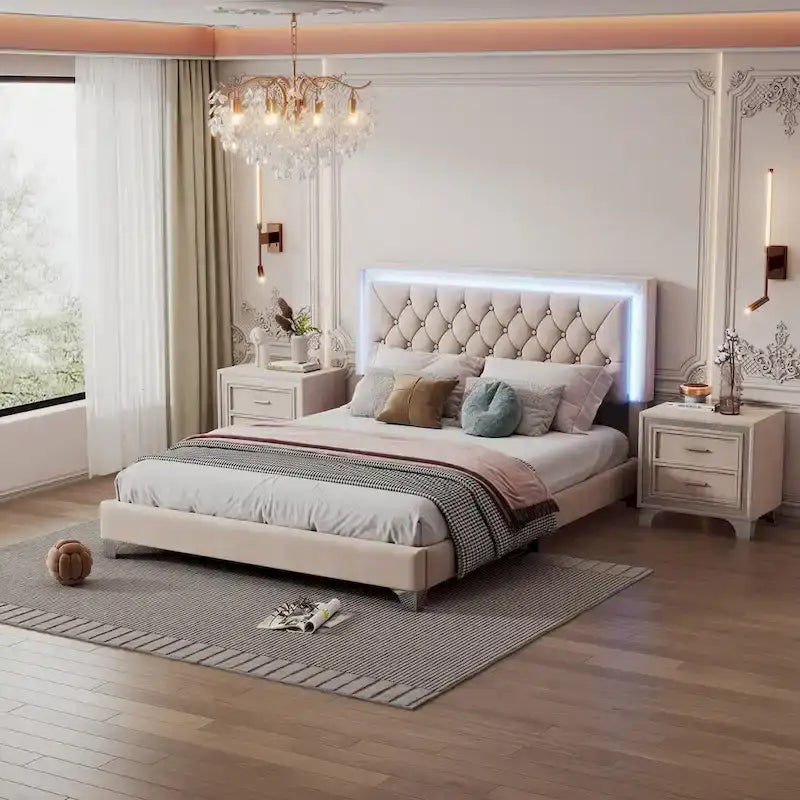 3-Pieces Bedroom Sets with Queen Size Upholstered Platform Bed and Two Nightstands