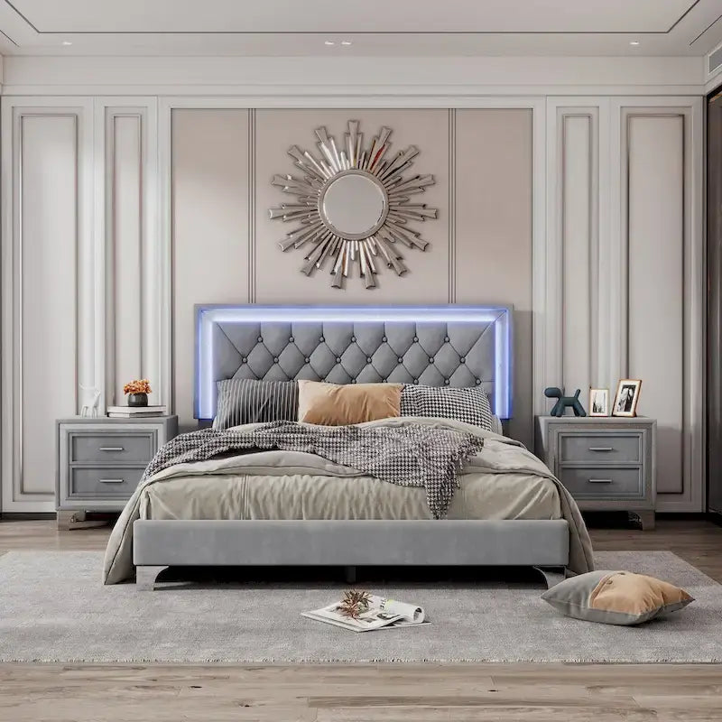 3-Pieces Bedroom Sets with Queen Size Upholstered Platform Bed and Two Nightstands