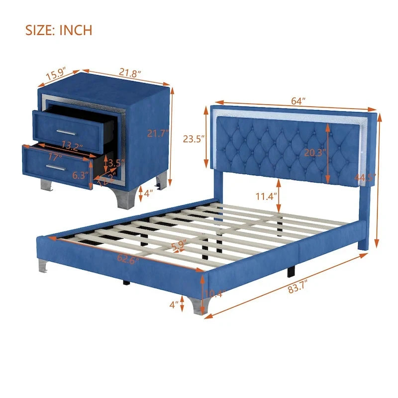 3-Pieces Bedroom Sets with Queen Size Upholstered Platform Bed and Two Nightstands
