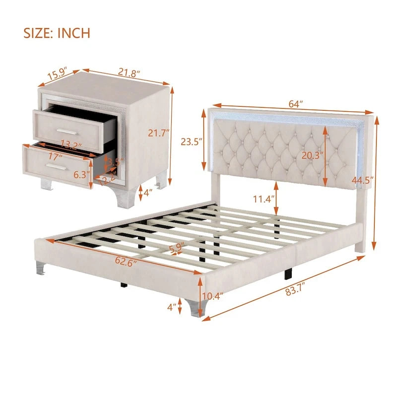 3-Pieces Bedroom Sets with Queen Size Upholstered Platform Bed and Two Nightstands