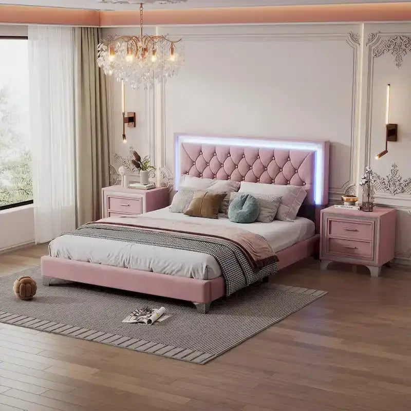 3-Pieces Bedroom Sets with Queen Size Upholstered Platform Bed and Two Nightstands