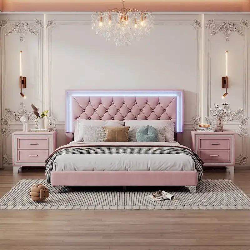 3-Pieces Bedroom Sets with Queen Size Upholstered Platform Bed and Two Nightstands