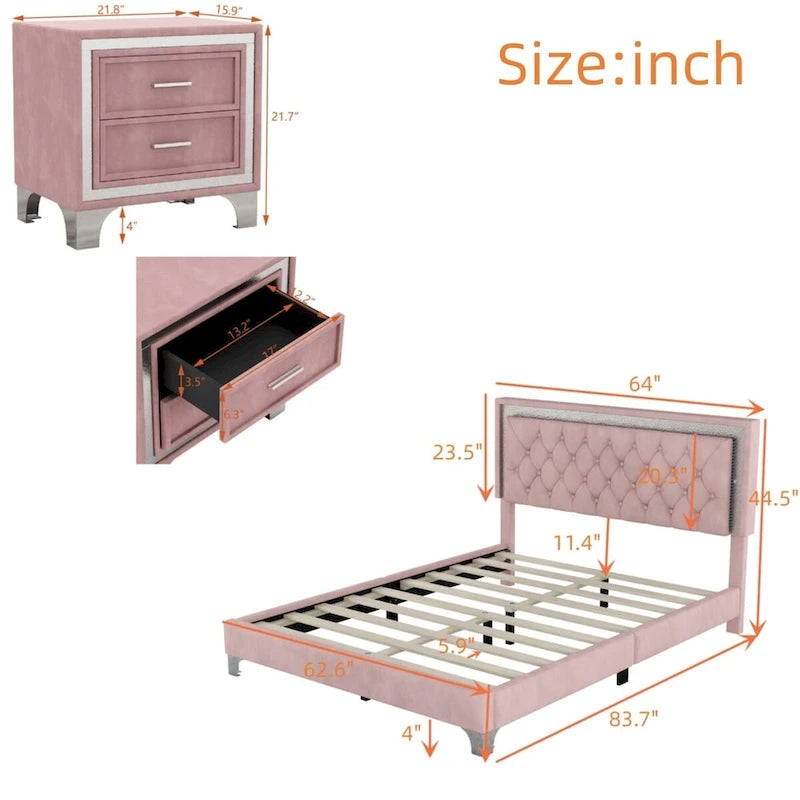 3-Pieces Bedroom Sets with Queen Size Upholstered Platform Bed and Two Nightstands
