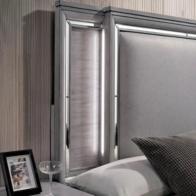 Furniture of America Taia Contemporary Grey 2-Piece Panel Bed and Chest Set with LED