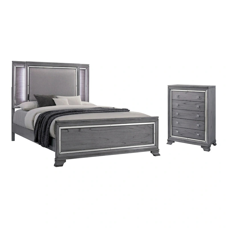 Furniture of America Taia Contemporary Grey 2-Piece Panel Bed and Chest Set with LED