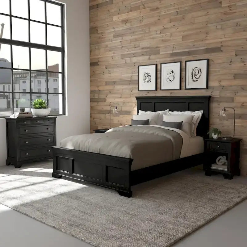 Homestyles Bedford 3-Piece Black Wood Queen Bed, Two Nightstands and Chest Set