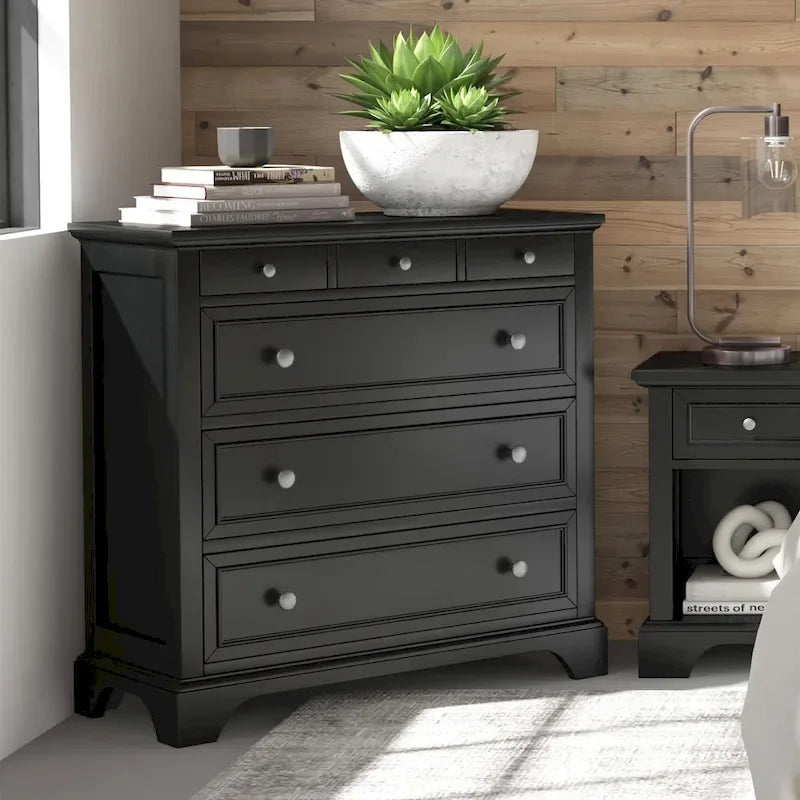 Homestyles Bedford 3-Piece Black Wood Queen Bed, Two Nightstands and Chest Set