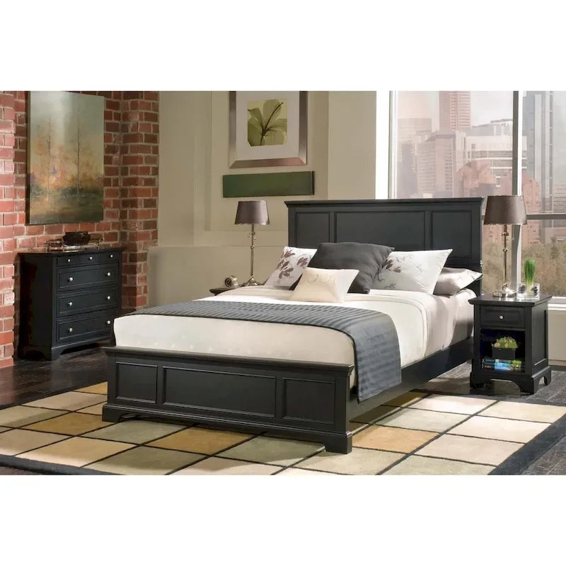Homestyles Bedford 3-Piece Black Wood Queen Bed, Two Nightstands and Chest Set