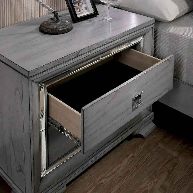 Furniture of America Taia Contemporary Grey 2-Piece Panel Bed and Nightstand Set with LED