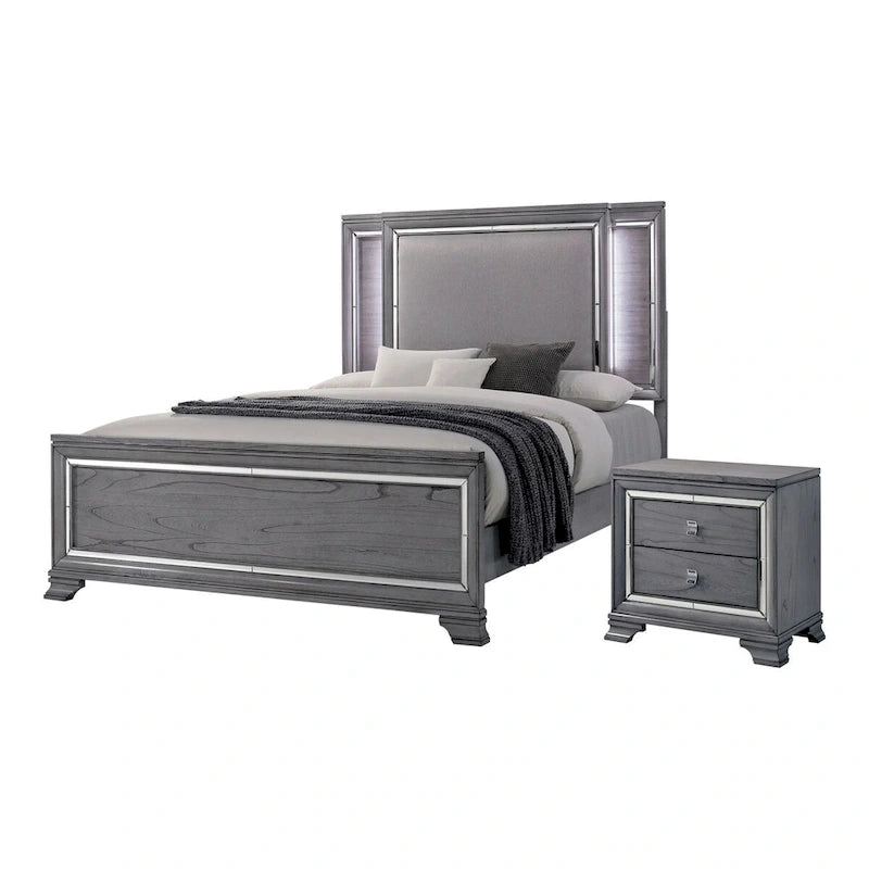 Furniture of America Taia Contemporary Grey 2-Piece Panel Bed and Nightstand Set with LED