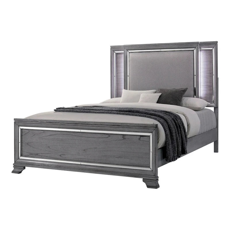Furniture of America Taia Contemporary Grey 2-Piece Panel Bed and Nightstand Set with LED