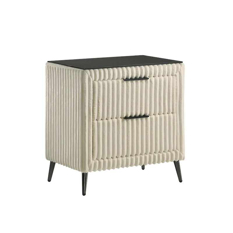 Roundhill Furniture Mavela Wide Wale Corduroy Upholstery Panel Bed with 2 Nightstands, Cream
