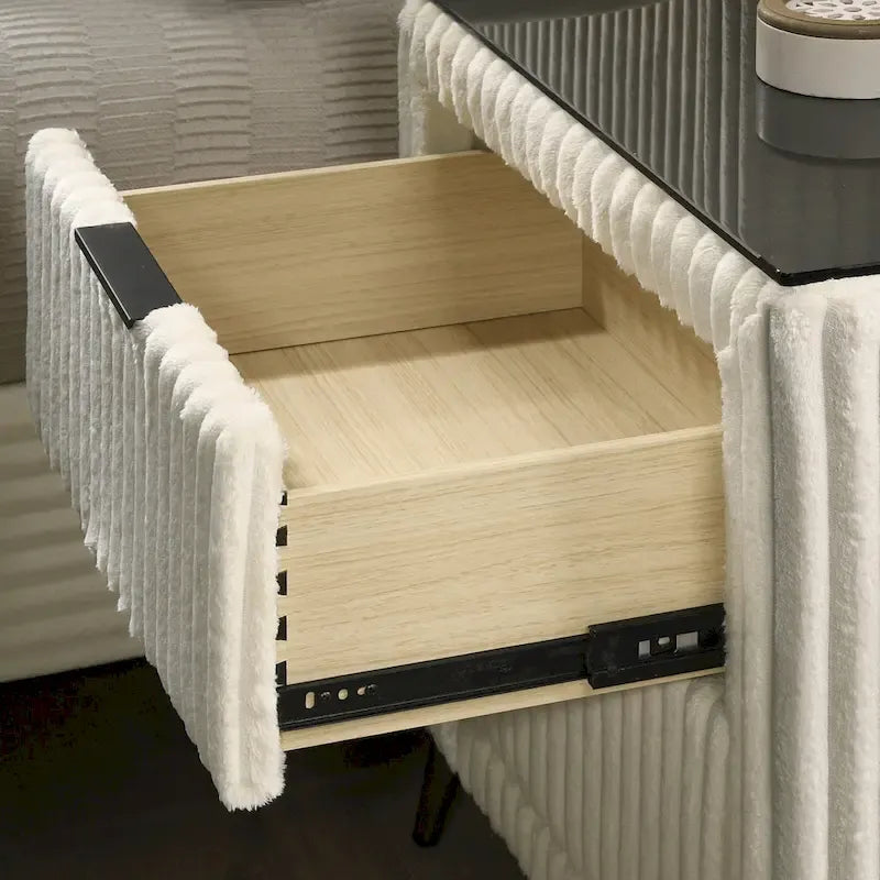 Roundhill Furniture Mavela Wide Wale Corduroy Upholstery Panel Bed with 2 Nightstands, Cream