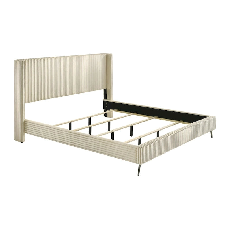 Roundhill Furniture Mavela Wide Wale Corduroy Upholstery Panel Bed with 2 Nightstands, Cream