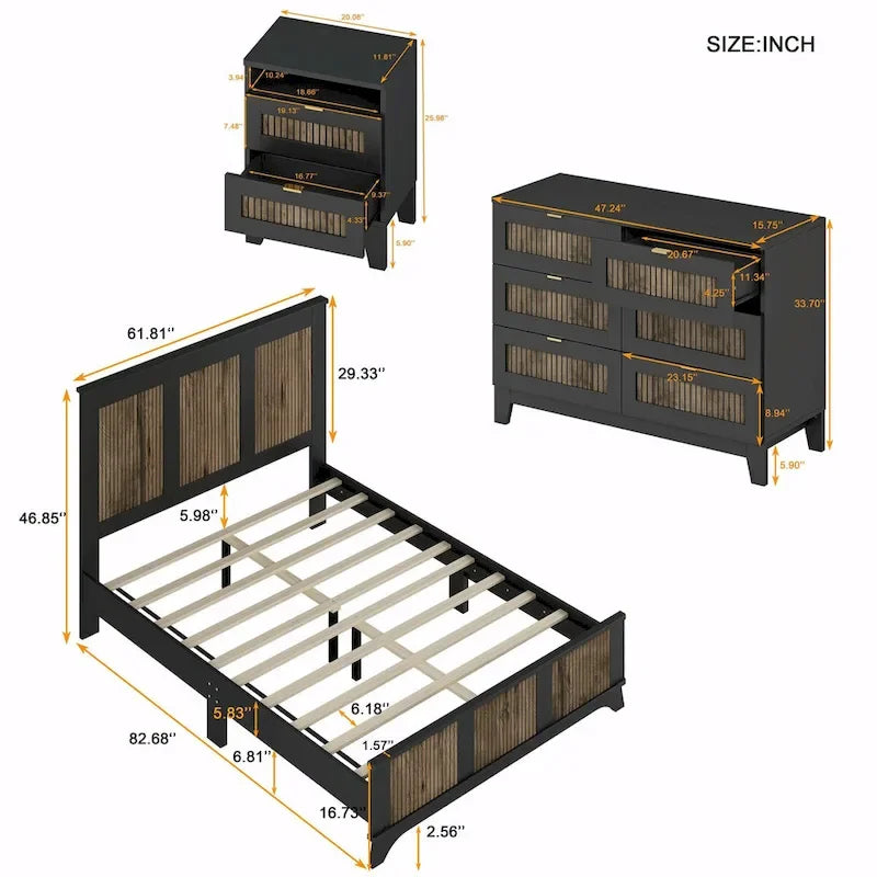 4-Piece Bedroom Set: Farmhouse Platform Bed, Nightstand, and Dresser with Metal Handles