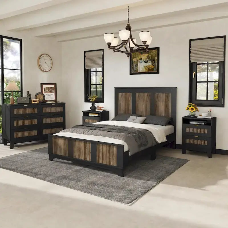 4-Piece Bedroom Set: Farmhouse Platform Bed, Nightstand, and Dresser with Metal Handles