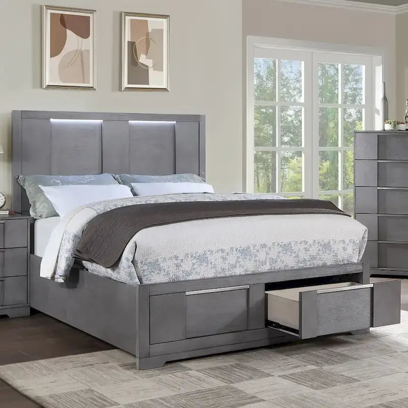 Furniture of America Tona Contemporary 6-Piece Grey Wood Storage Platform Bedroom Set with LED Lights