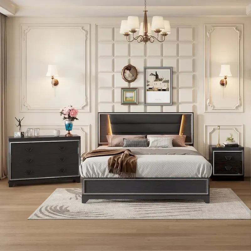 3-Pieces Bedroom Sets Queen Size Upholstered Bed