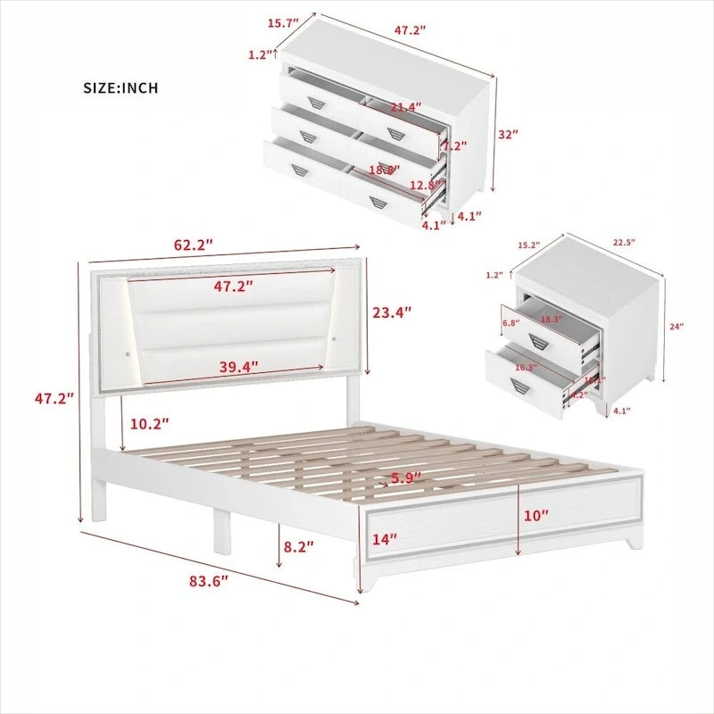 3-Pieces Bedroom Sets Queen Size Upholstered Bed