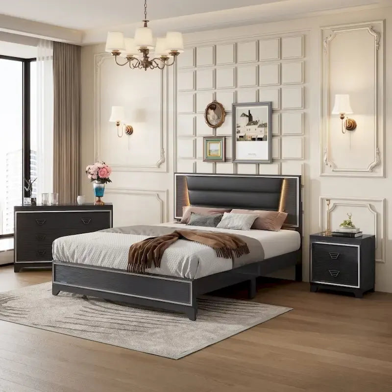 3-Pieces Bedroom Sets Queen Size Upholstered Bed