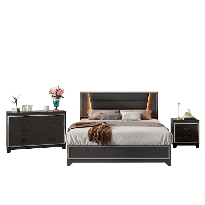 3-Pieces Bedroom Sets Queen Size Upholstered Bed
