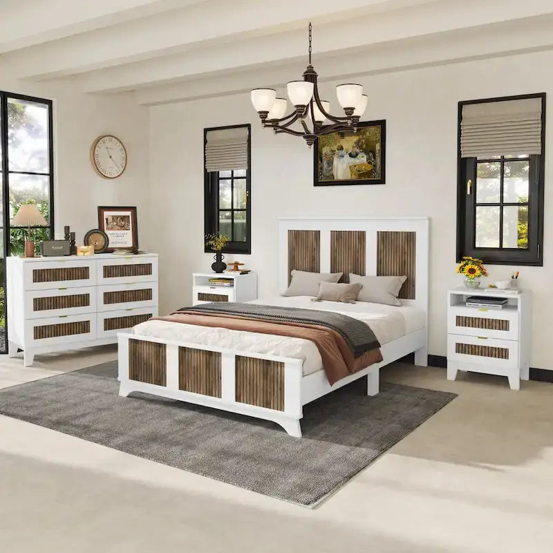 4-Pieces Bedroom Sets,Full Size Farmhouse Platform Bed with Wooden Strip Decoration,Storage Nightstand and Dresser