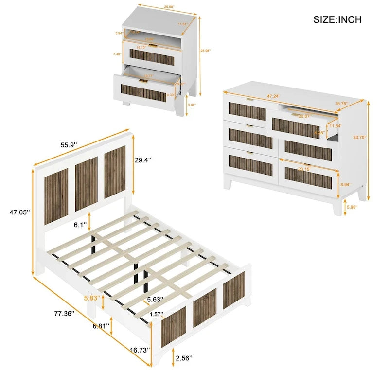 4-Pieces Bedroom Sets,Full Size Farmhouse Platform Bed with Wooden Strip Decoration,Storage Nightstand and Dresser