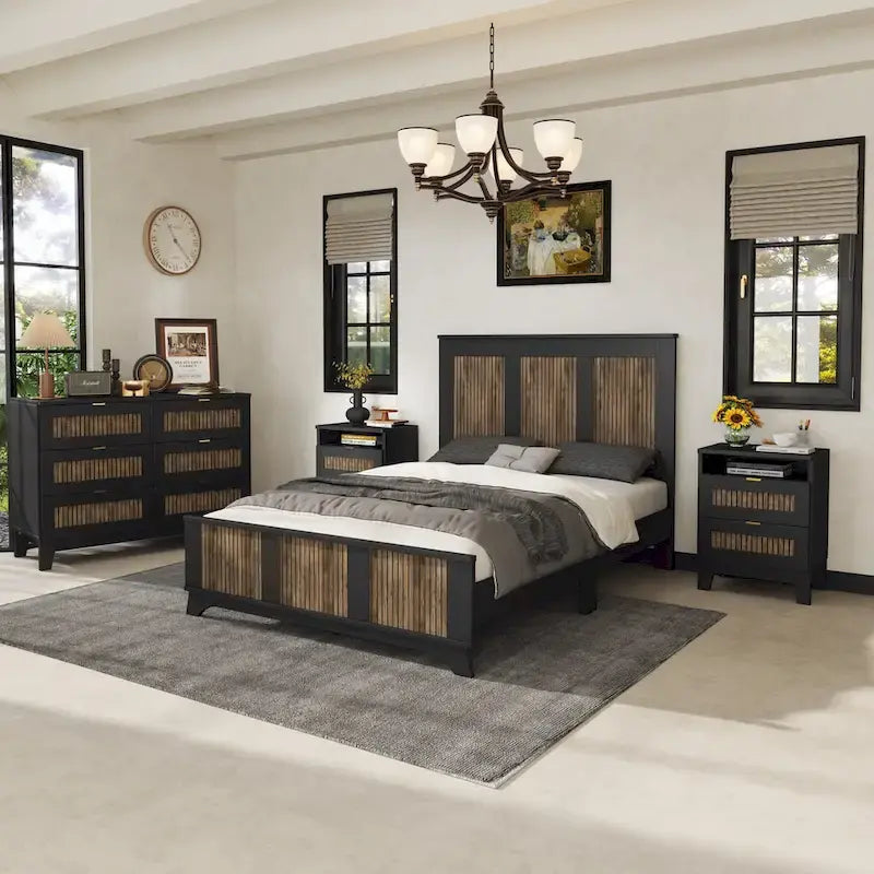 4-Pieces Bedroom Sets,Full Size Farmhouse Platform Bed with Wooden Strip Decoration,Storage Nightstand and Dresser