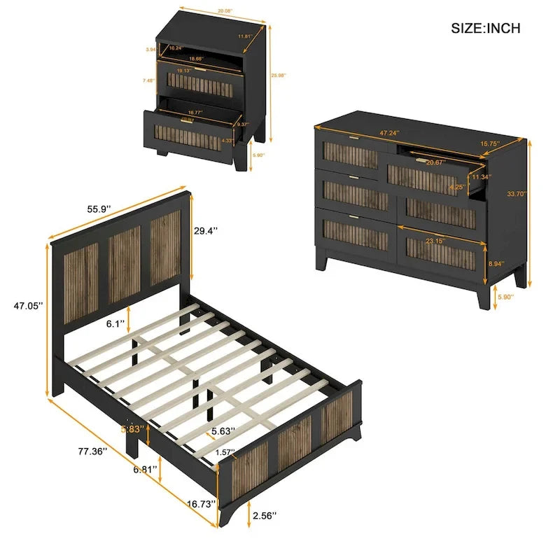4-Pieces Bedroom Sets,Full Size Farmhouse Platform Bed with Wooden Strip Decoration,Storage Nightstand and Dresser